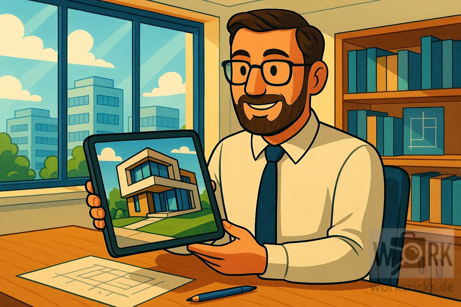 Architect with 3D model of a modern house