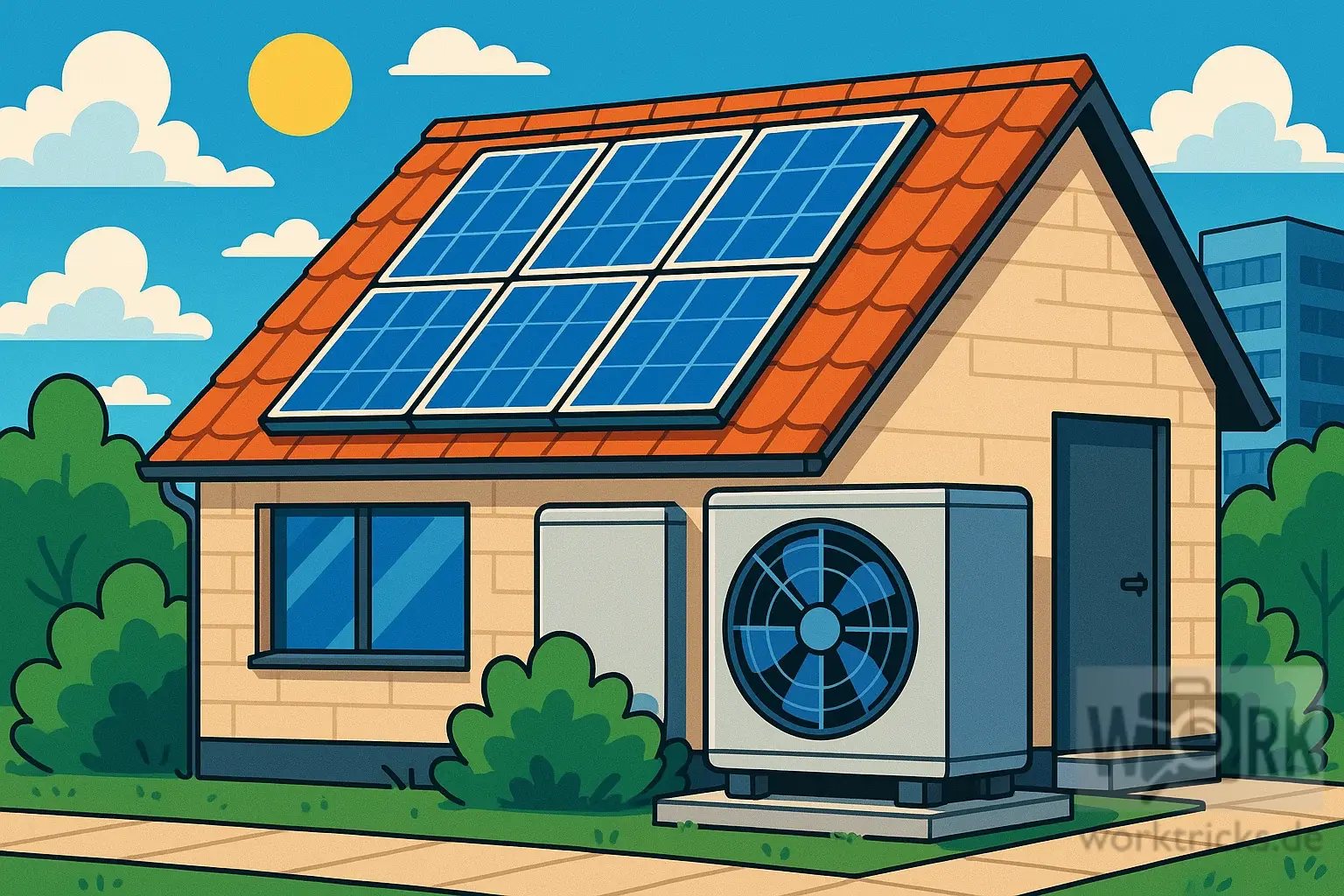 House: Roof with PV system, next to air-to-water heat pump in modern surroundings