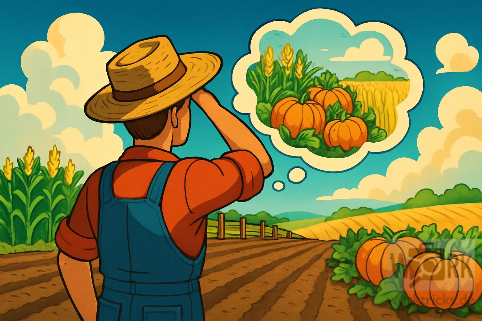 Ein Landwirt blickt vorausschauend auf das Feld und stellt sich bereits die Ernte vor