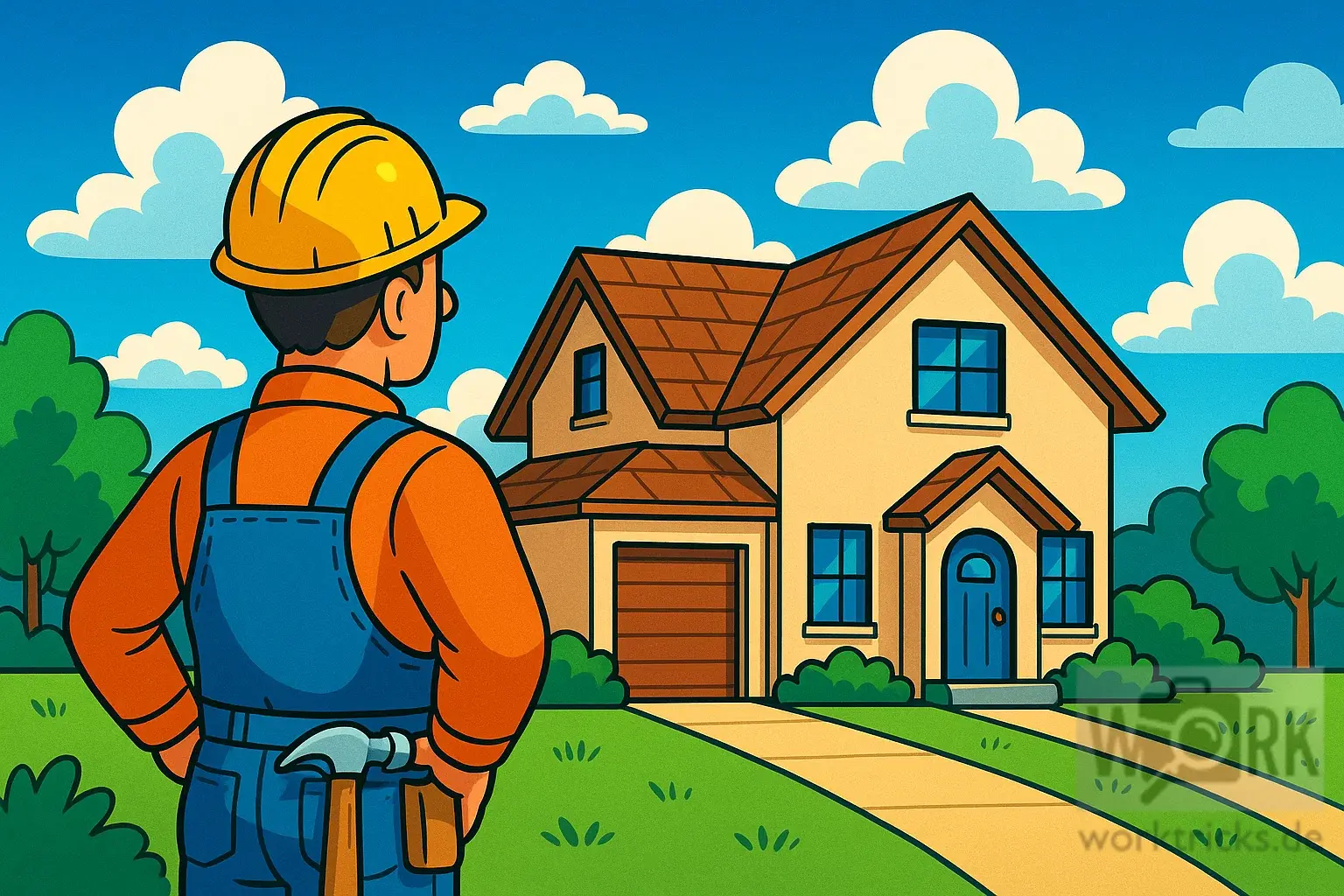 Ein Bauarbeiter stellt sich das fertige Ergebnis seiner Arbeit – das vollendete Haus – vor